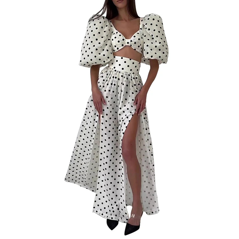 TWOTWINSTYLE Fashion Sets Polka Dot Puff Sleeve Tops High Waist Split Skirt 2 Piece Set Women