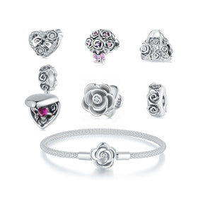 Factory 925 Sterling Silver Retro Heart Box Charm Vintage Rose Flower Bead for Women Bracelet Accessory Anniversary Jewelry Gift