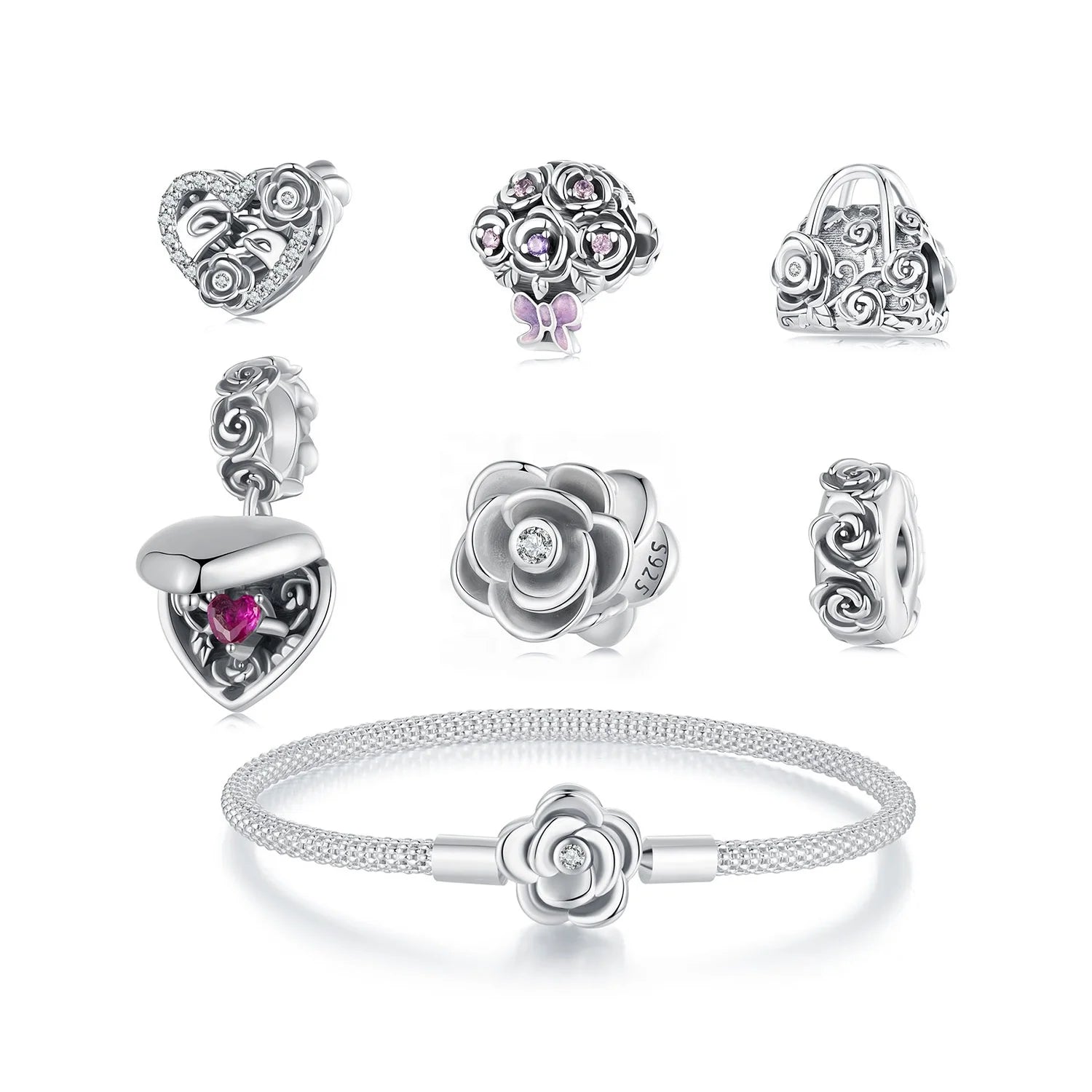 Factory 925 Sterling Silver Retro Heart Box Charm Vintage Rose Flower Bead for Women Bracelet Accessory Anniversary Jewelry Gift