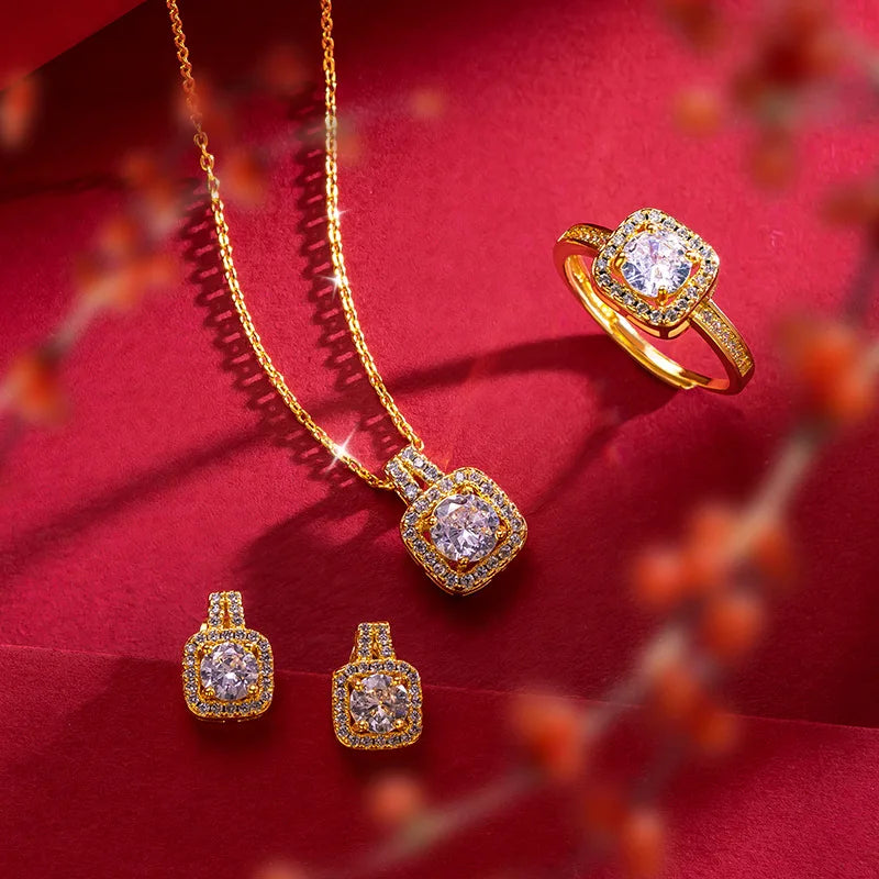 Luxury 3 Pcs/Set Crystal CZ Square Earrings Ring Sparkle Micro Pave Cubic Zirconia CZ Geometric Necklace Jewelry Set