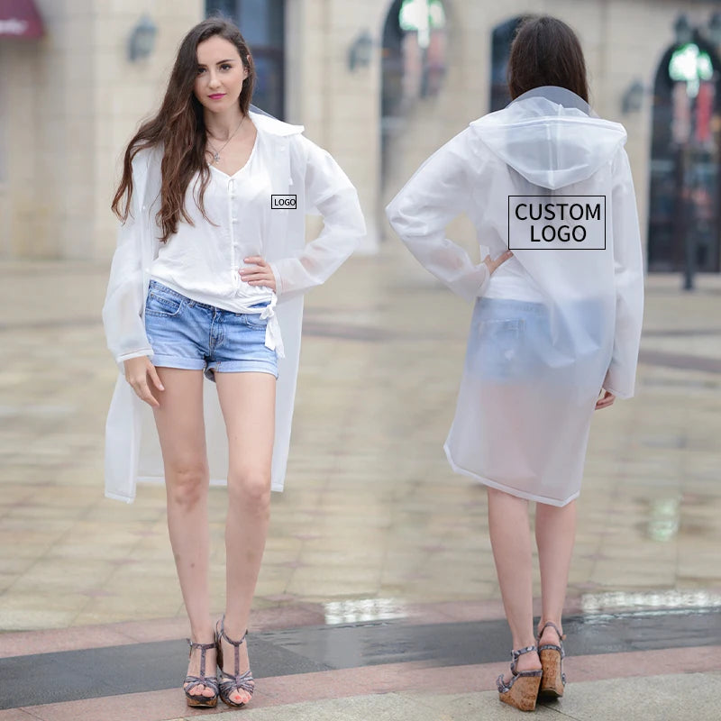 Custom Logo Adult Long Hooded for Poncho Waterproof Clear Plastic EVA Raincoat for Men Women Durable for Travel Rainy Day Tour