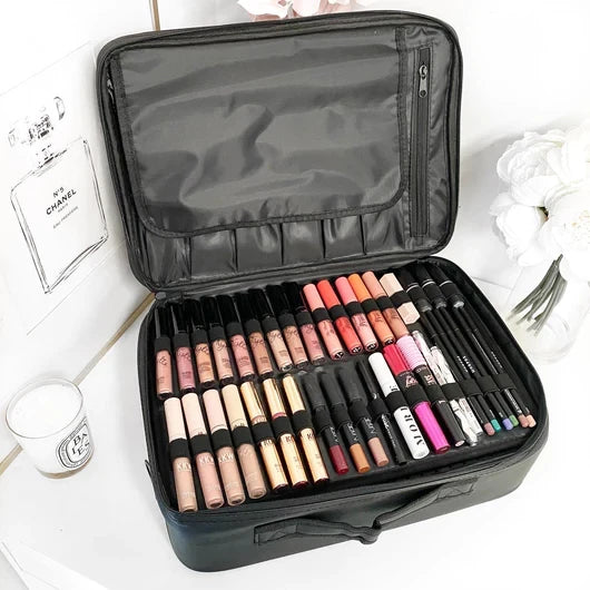 Fashionable Large Cosmetic Travel Case Black PVC Leather with Dot Pattern Zipper Closure Type Bag Style