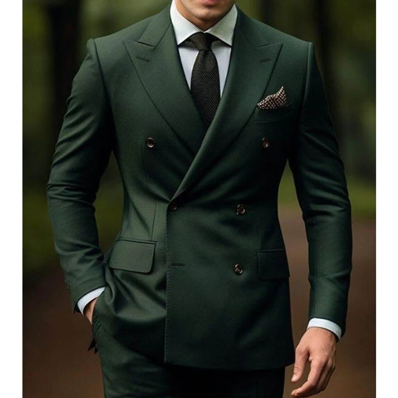 Casual Hunt Green Men Suits Business Regular Fit Tuxedos Wedding Prom Peaked Lapel Double Breasted 2 Pieces Jacket+Trousers
