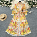 LW0690 Holiday Dress Women'S Elegant Stand-Up Collar Lantern Sleeve Printed Chiffon Long Skirt Elegant Dresses 2025