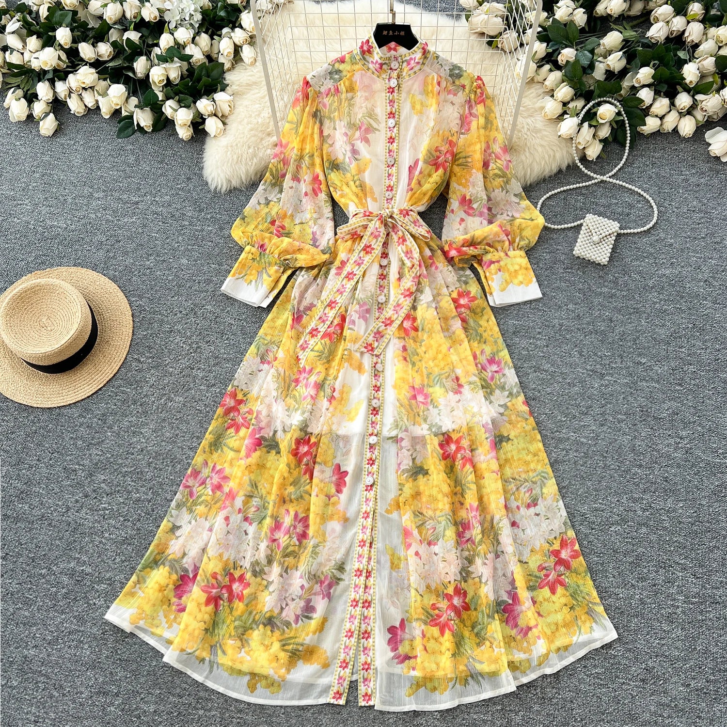 LW0690 Holiday Dress Women'S Elegant Stand-Up Collar Lantern Sleeve Printed Chiffon Long Skirt Elegant Dresses 2025