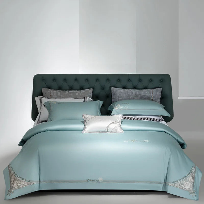 Egyptian Cotton 1800 Bedsheets Queen king Size Embroidered Comforter Cover Green Bedding Sets Supplier