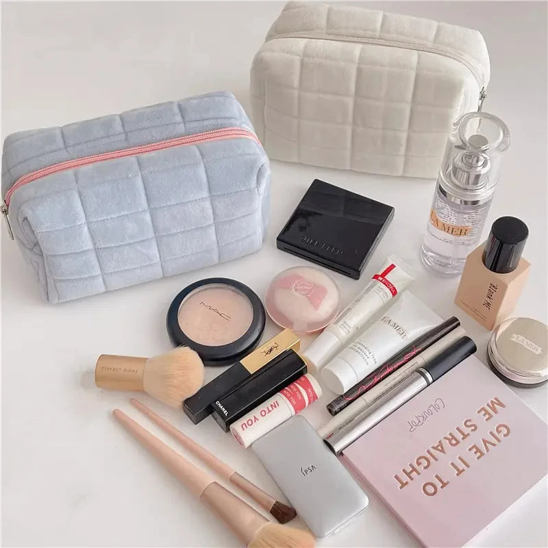 Custom Size Logo Pink Blue Floral Terry Cloth Towel Quilted Cosmetic Organizer Makeup Make up Toiletry Wash Skincare Bag