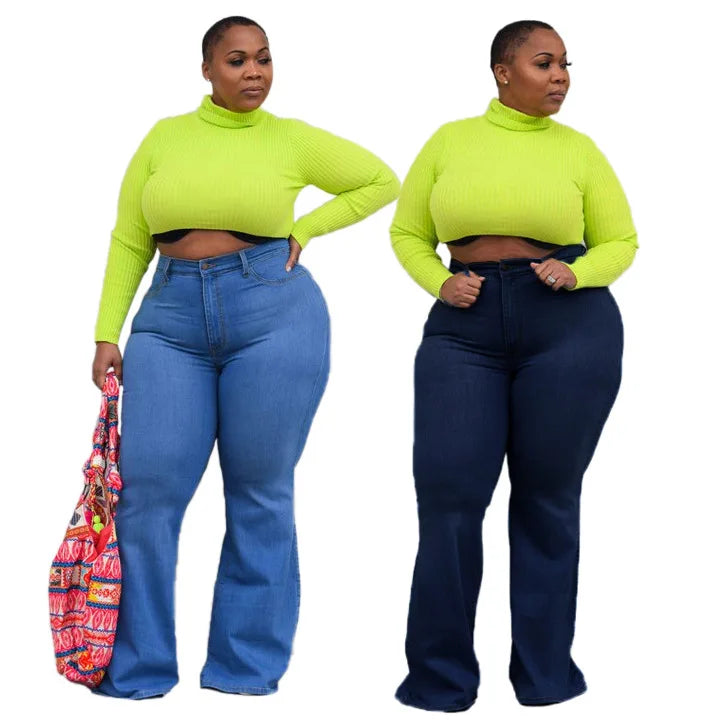 HSF2295 New Arrivals Fashionable Plus Size Jeans Slim Fit Wide Leg Fare Jeans Women Stretchy Denim Jeans