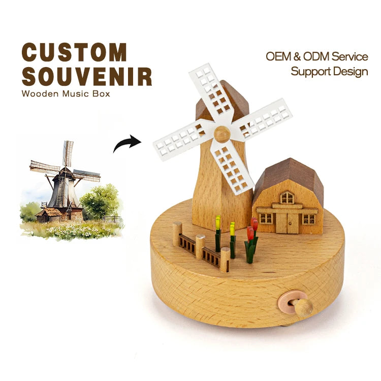Wonderful Carton Windmill Wooden Music Box Holiday Decoration Gift for Kids