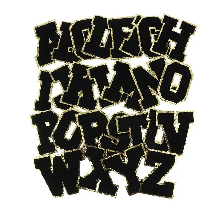 Wholesale Black Patch with Glitter Towel Iron on Chenille Letter Embroidered Patches