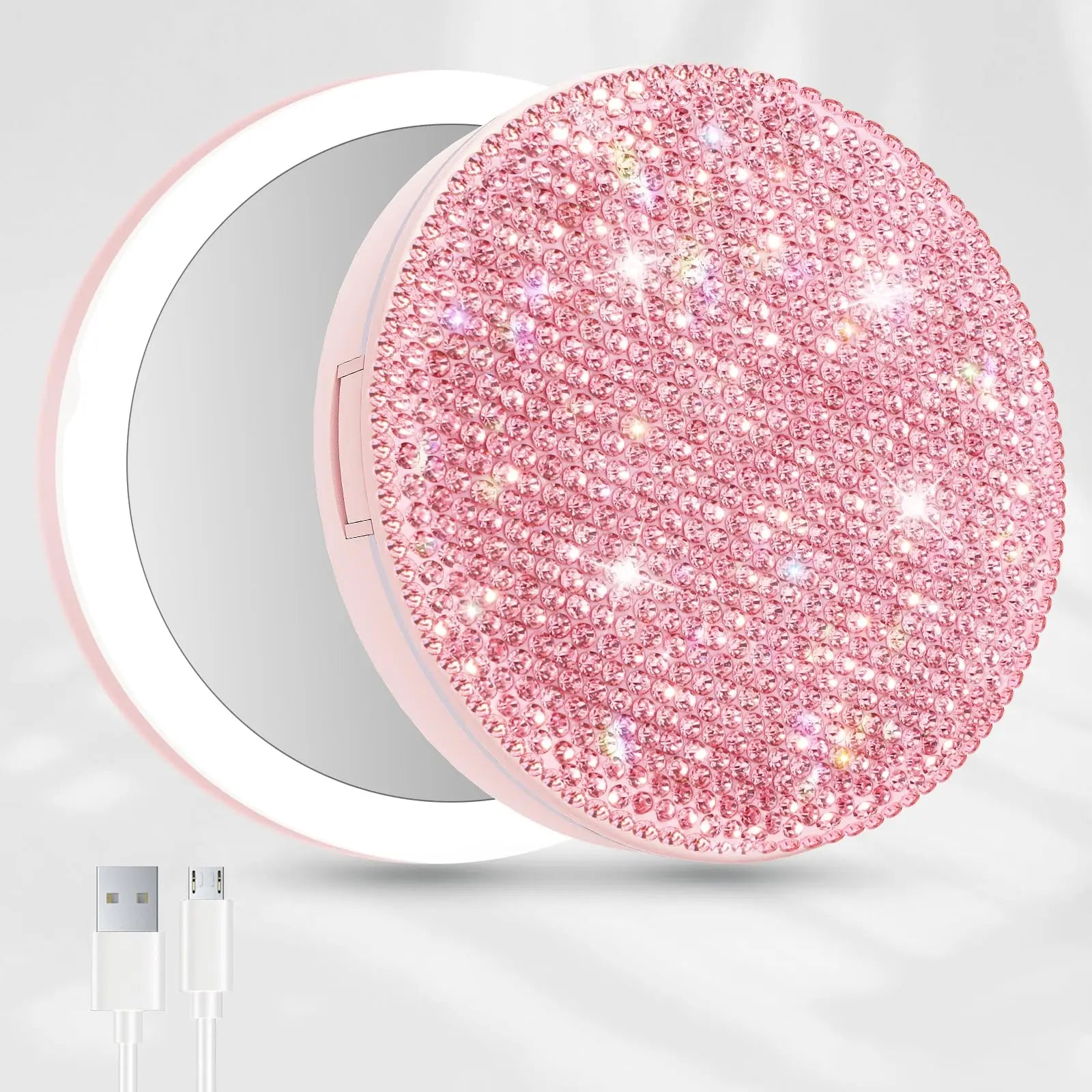 Rhinestone LED Lighted Compact Mirror Bling Portable Travel Makeup Mirrors 3.5 Inch Rechargeable Mini Magnifying Pockets Mirror