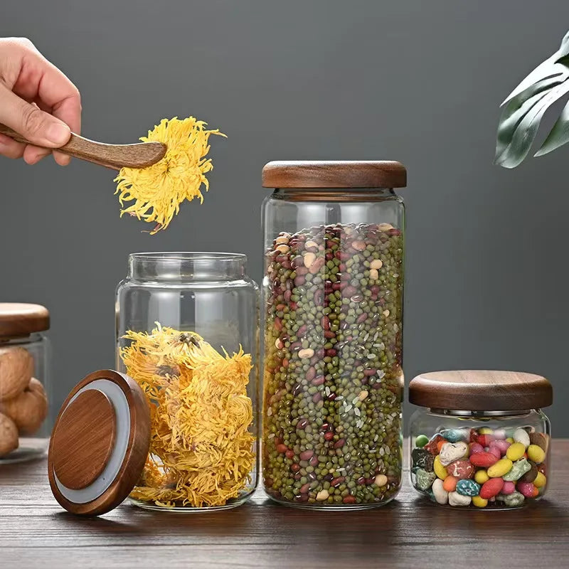 Food Grade Acacia Wood Seal Lid Glass Jar Food Jar With Lid Glass Storage Jars Airtight Lid