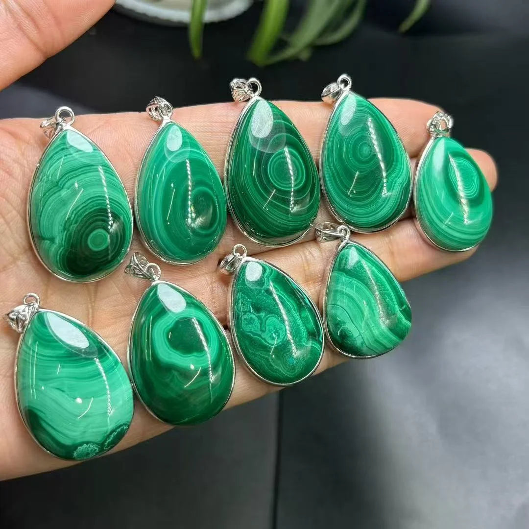 Handmade  925 Sterling Silver Fine Jewelry Natural  Crystal Healing Stones Malachite Pendant