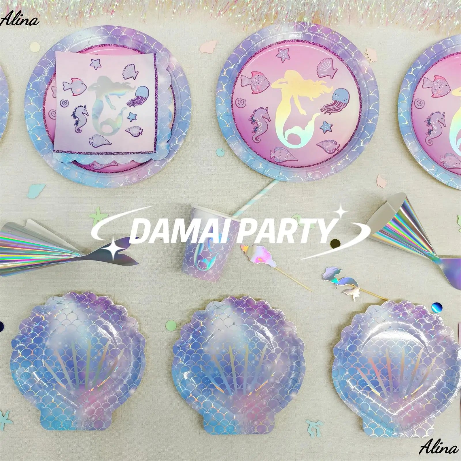 DAMAI Girls Birthday Party Supplies Purple Mermaid Jellyfish Disposable Party Tableware Dinnerware Paper Cups Napkins Plates