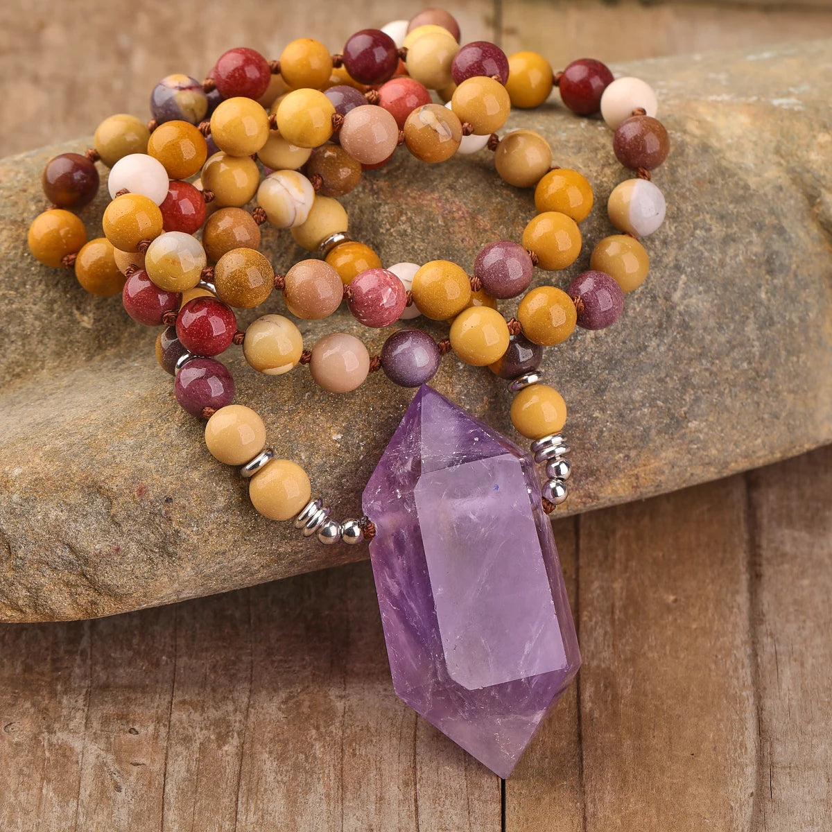 Mookaite 108 Mala Bead Yoga Necklace Classic Healing Natural Amethyst Crystal Quartz Strand Silver Plated Unisex Gift