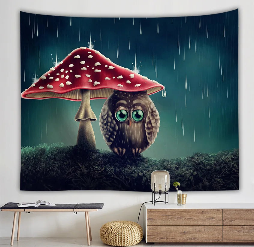 Abstract Psychedelic Polyester Mushroom Owl Cartoon Wall Hanging Tapestry Decor Bedroom Blanket