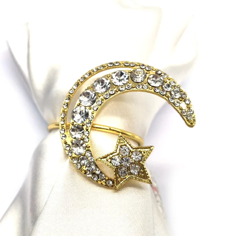 Custom Personalised Decorative Bairam Festival Gold Metal Moon Rhinestone Muslim Napkin Rings for Wedding Guests Return Gifts