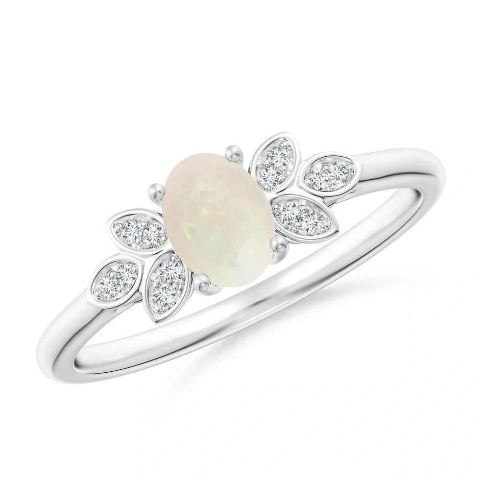 14K White Gold Vintage Style Oval Opal Ring for Women Wedding Ring with Diamond Accents MegaBDM