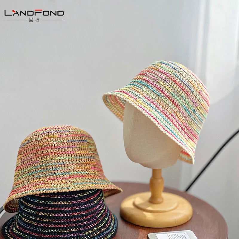 Landfond Bucket Hat for Girls Spring/summer Thin Breathable Sun protection Hat Colorful Woven Knitted Fisherman Hat