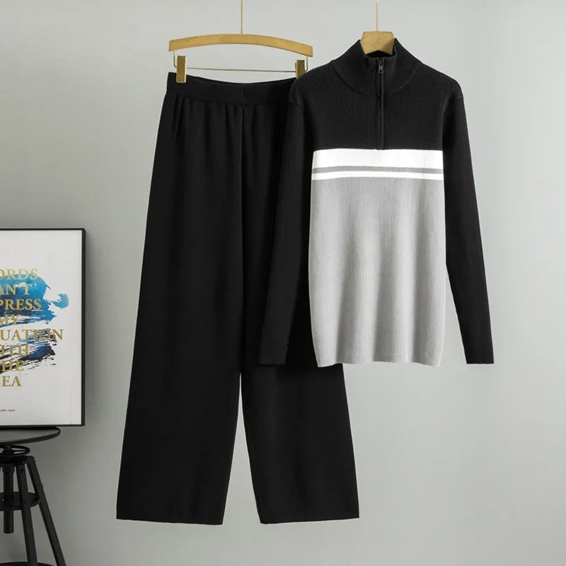 Women's Casual Fashion 2025 Long Color-Block Knitted Turtleneck Zipper Sweater Set with Front Logo for Spring