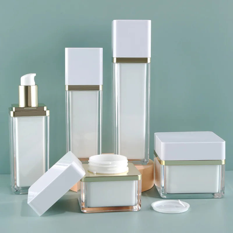 M606 Cosmetic Square White and Gold Lotion Pump Bottles 30g 50g 15ml 30ml 50ml 100ml Acrylic Cosmetic Package Container