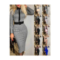 Spring Autumn Casual Printed Midi Dress Slim Long Sleeves With Belt Women Office Dress