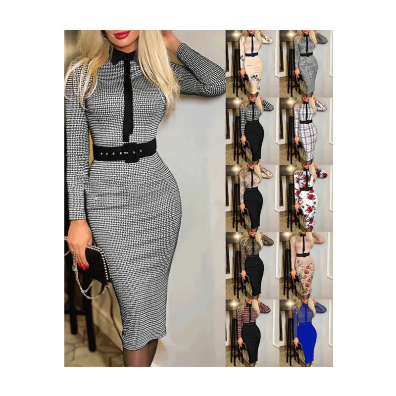 Spring Autumn Casual Printed Midi Dress Slim Long Sleeves With Belt Women Office Dress