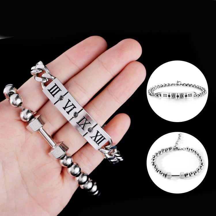 Roman Numeral Stainless Steel Trendy Bangles Bracelet with Dumbbell Barbell Ball Bead Design for Unisex Anniversary