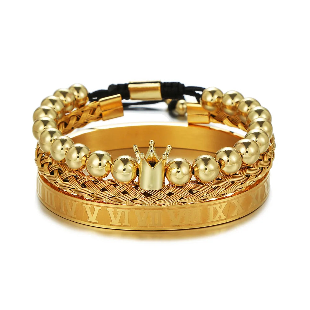 3pcs Luxury King Crown Stainless Steel Roman Numeral Pineapple Bead Fashion Cuff Wire Bracelets Set for Man
