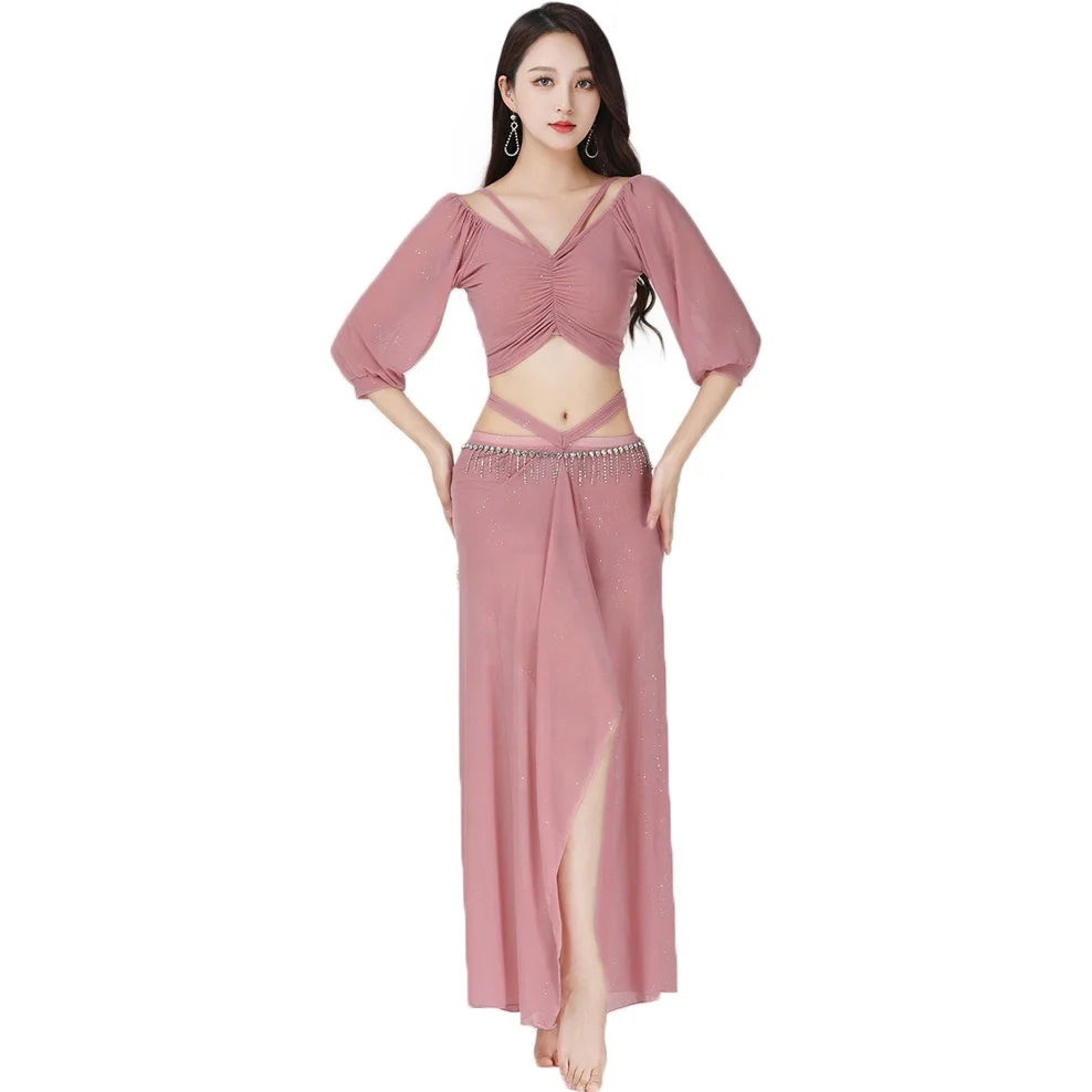 Wholesale Fashion Short Sleeved Drawstring V-neck tank Top With Long Skirt Oriental Belly Dance Training Costume Set for Women