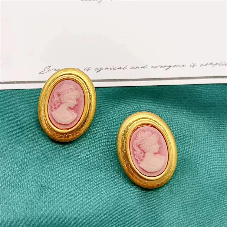Medieval Vintage Cute Women's Dream Macaron Ice Cream Cream Powder Relief Head Gold Plated Oval Earrings