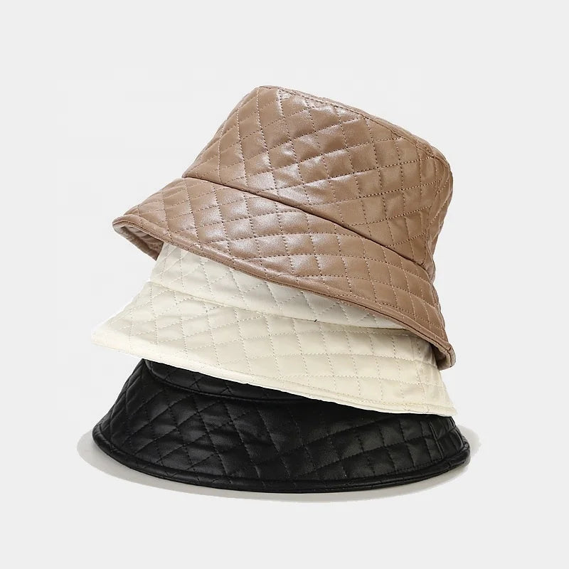 WD-A1045 Korean Style Small Plaid Leather Fisherman Hat for Casual Sun Protection