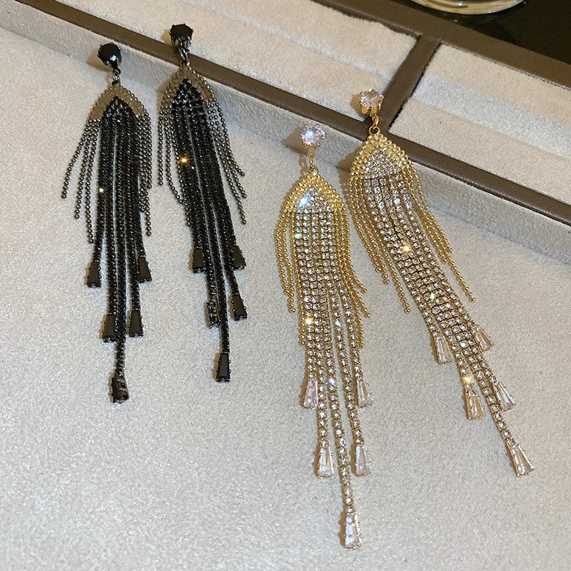 18K Gold Plated Full Diamond Tennis Chain Pendant Earrings Hot Sale 925 Silver Geometric Cubic Zircon Tassel Earrings