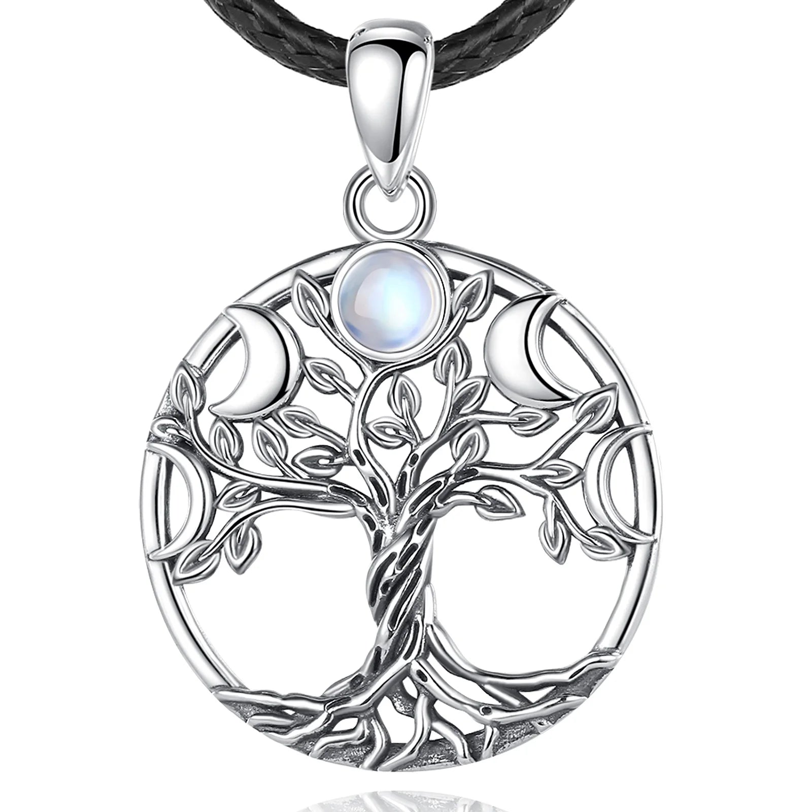 Changda 925 Sterling Silver Moonstone Tree of Life Half Shape Crescent Moon Phase Pendant Necklace