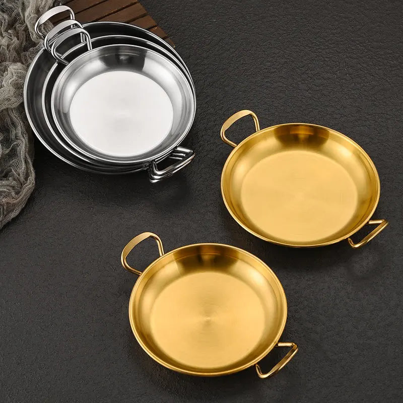 Customized Restaurant Stainless Steel Round Plate with Handle Flat Bottom Snack Serving Tray Fried Chicken French Fries Plate