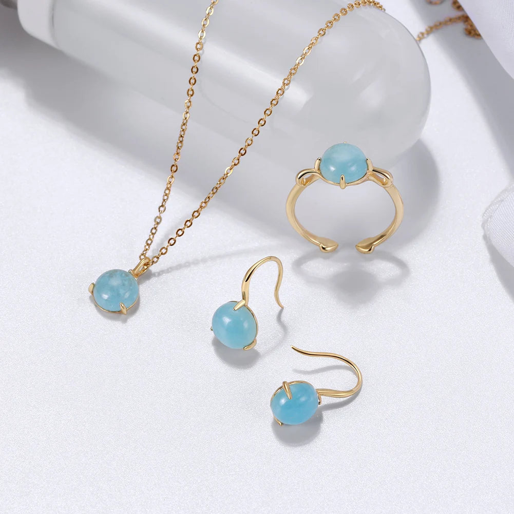 RINNTIN GM31 100% Genuine Natural Aquamarine Necklace Set 925 Sterling Silver Necklace Gemstone Jewelry Set for Women Girls
