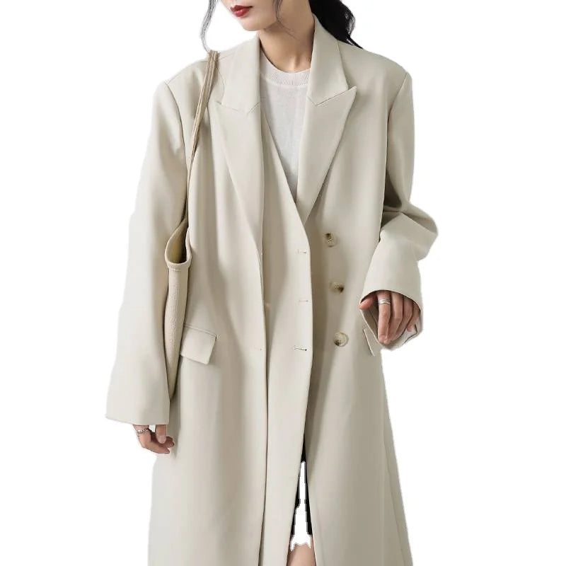 Customized Women's Long Sleeve Oversized Trench Coat Autumn Turn Collar Double Breasted Polyester Lining Nonwoven Weaving Method
