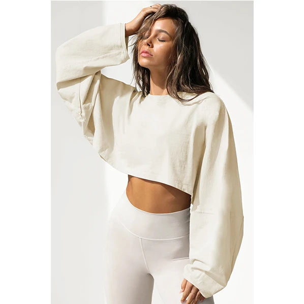 Korean Hoodies for Women Crew-neck Hoodie Women's Short Sports Base Shirt T-shirt Knit Shirt Long Sleeve Top