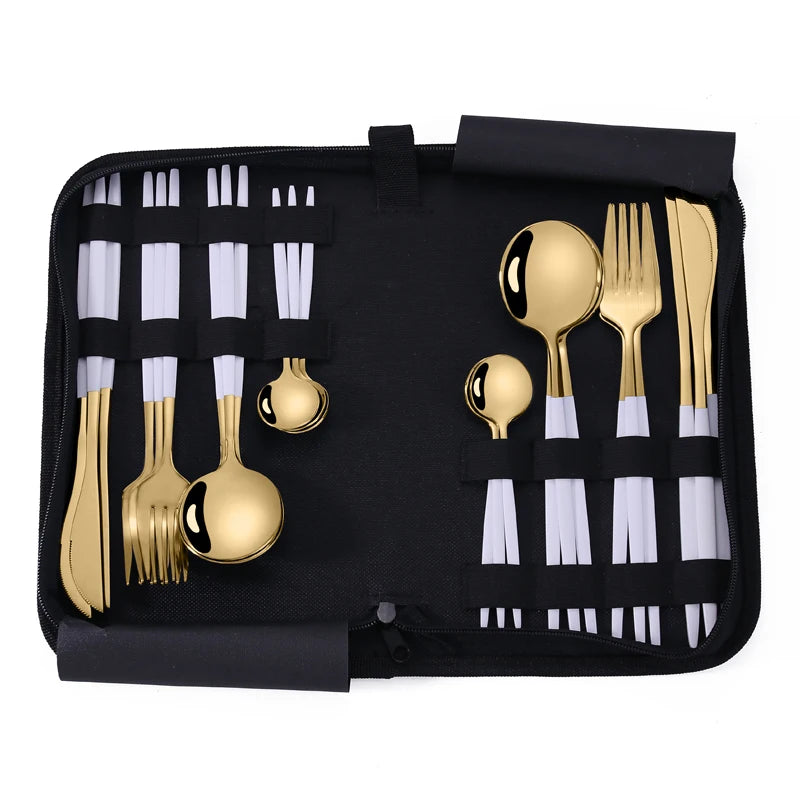 Travel Fork Knife Modern Custom Gold Stainless Steel Spoon Storage Polished Back to School LEHAO Luxury Cutlery Set with Pouch