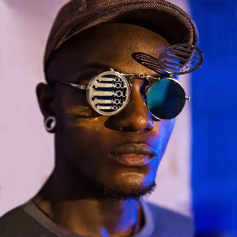 OEM Oculos Retro Round Metal Punk Glasses Double Lenses Men Women Circle Vintage Steampunk Flip up Sunglasses for Men