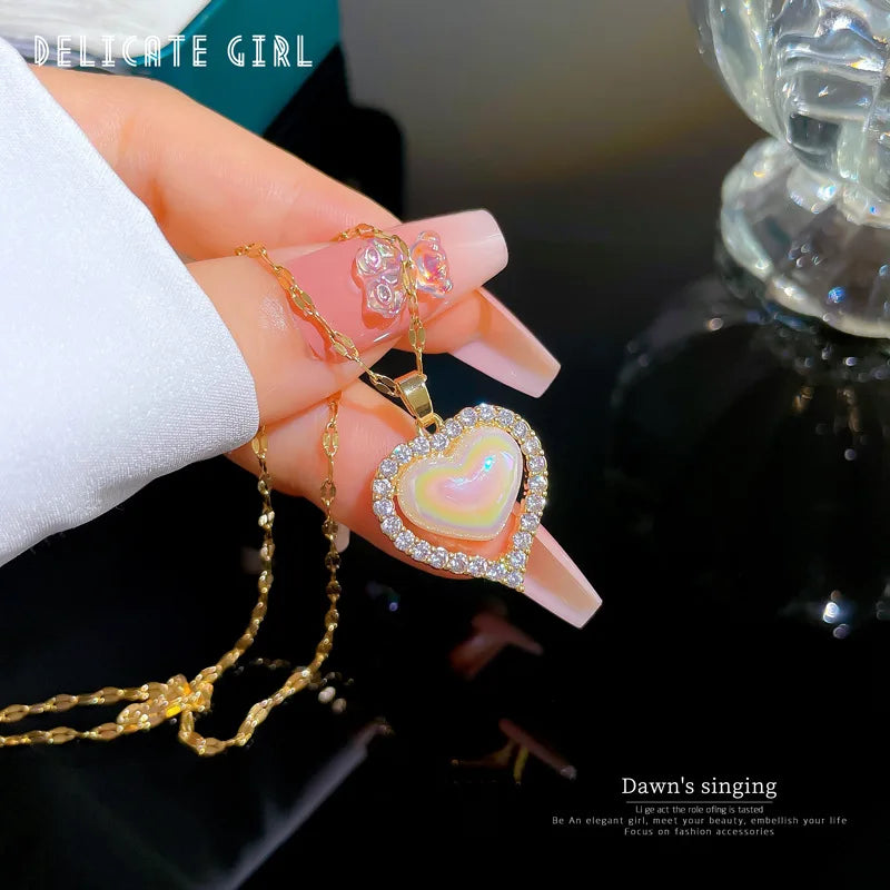 Fashion Peach Heart Pendant Necklace Stainless Steel Chain Gold Plated Micro Pave Zircon Cz Peach Heart Choker Necklace