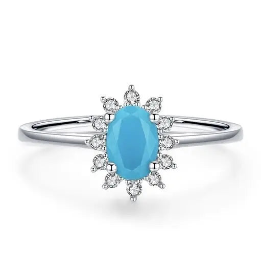 Fine Jewelry Engagement Rings Oval Shape Vintage Turquoise Halo S925 Sterling Silver Ring for Women Wedding Birthday Gifts