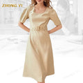 Wholesale Summer Fashion Women's Midi Dresses Elegant Casual Simple Design Puff Short Sleeves Button Solid Custom Print Cloth