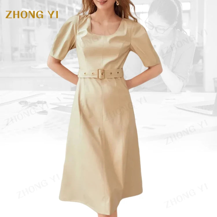 Wholesale Summer Fashion Women's Midi Dresses Elegant Casual Simple Design Puff Short Sleeves Button Solid Custom Print Cloth