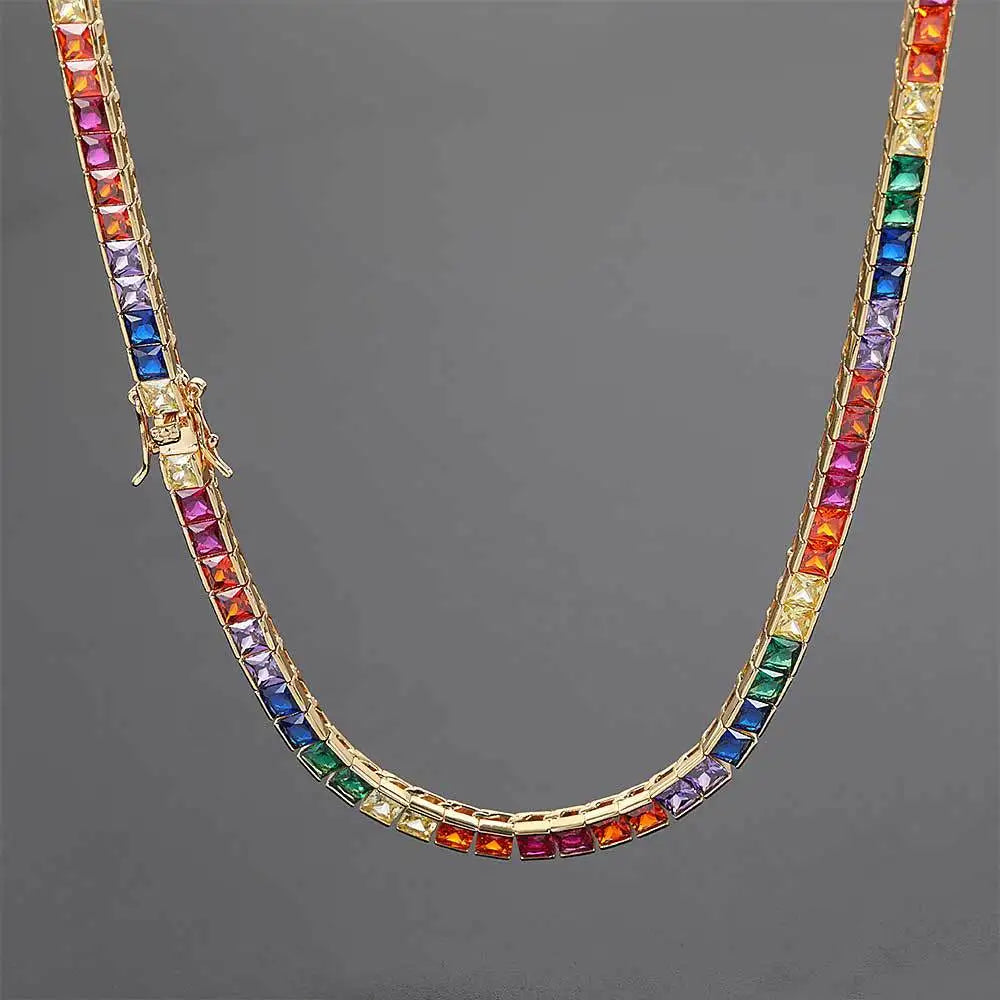 luxury choker 4mm cubic zirconia square cz diamond tennis necklace rainbow