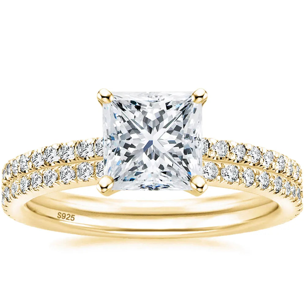 OAHLAN 14k Gold Plated 2CT 925 Sterling Silver Bridal Ring Sets Princess Square Cut CZ Engagement Rings for Women