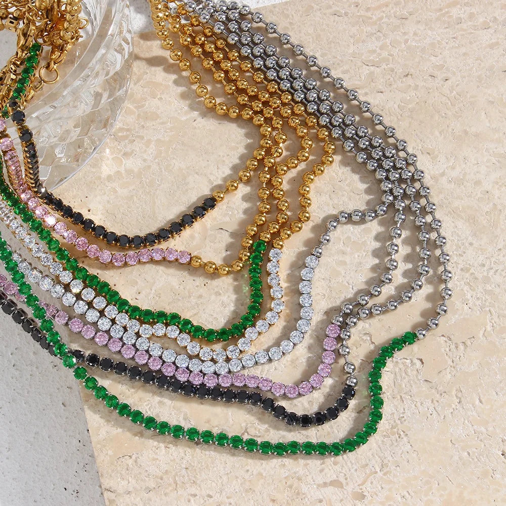 Fashion Ins Gold Plated Stainless Steel Bead Chain Necklace Sparkle Cubic Zirconia CZ Tennis Chain Necklace
