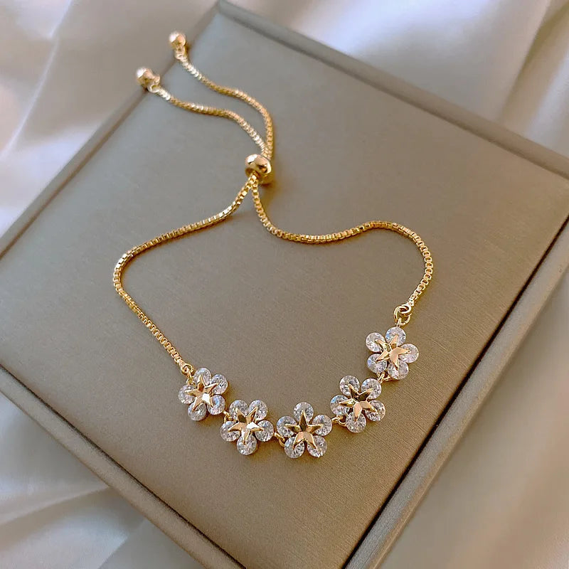 OEM Zircon Flower Bracelet Bangle Korean INS Box Chain Adjustable Bracelets for Women Jewelry