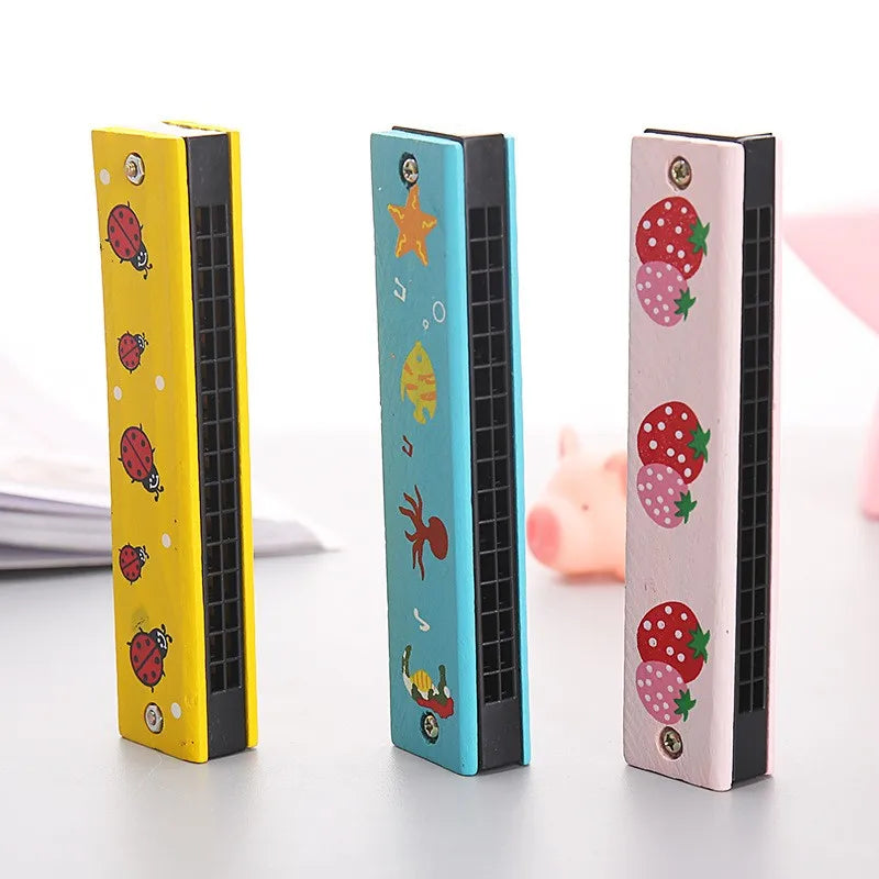 Wholesale 16 Holes Music Educational Harmonica Toy Kids Wood Instrument Toy Cartoon Wooden Harmonica