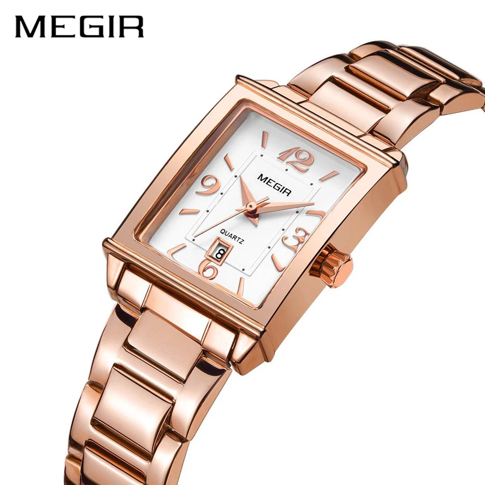 MEGIR 1079 Luxury Rose Gold Women's Watches Simple Quartz Clock Stainless Steel Square Ladies Wristwatch Jewelry for Women OEM